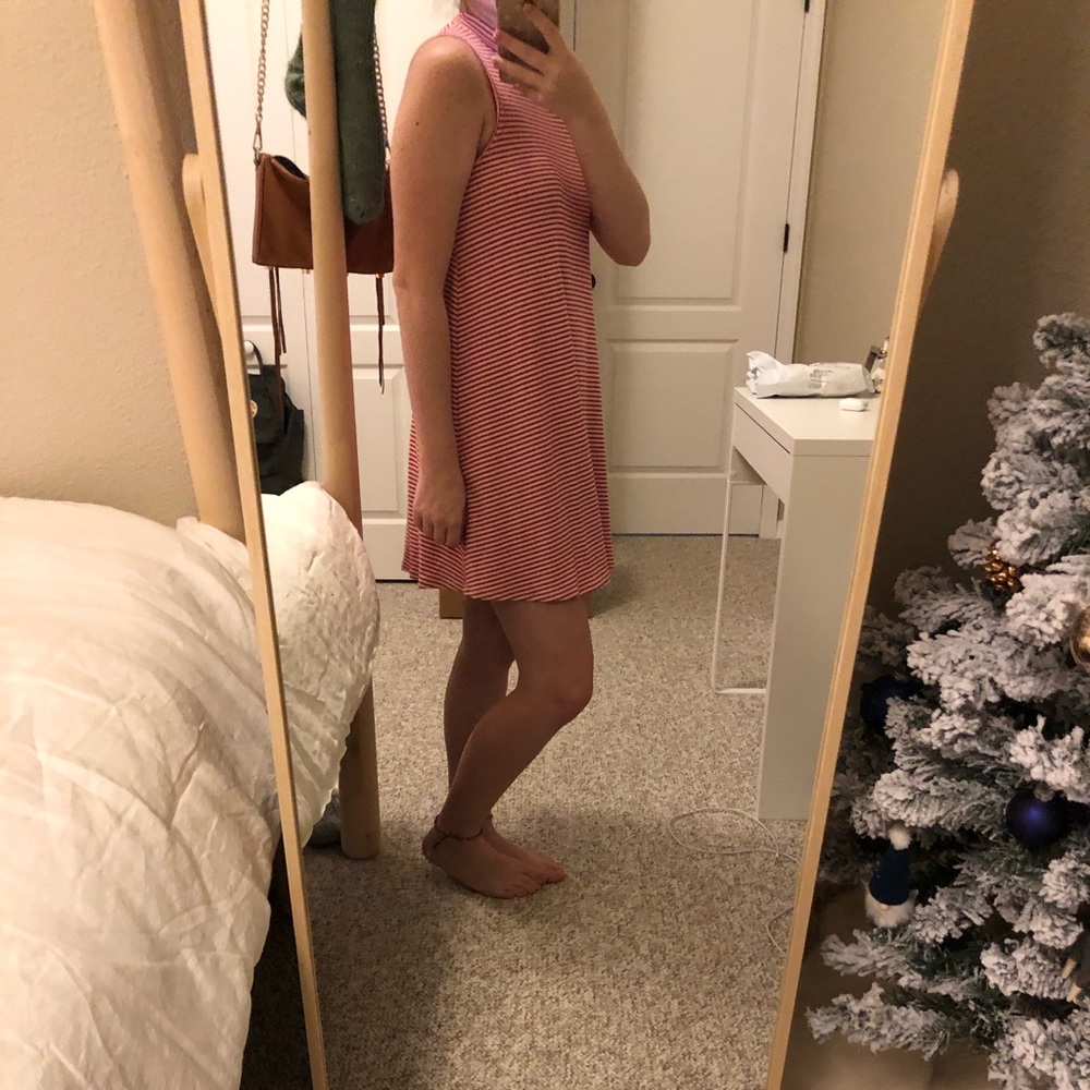 red and white striped, sleeveless dress